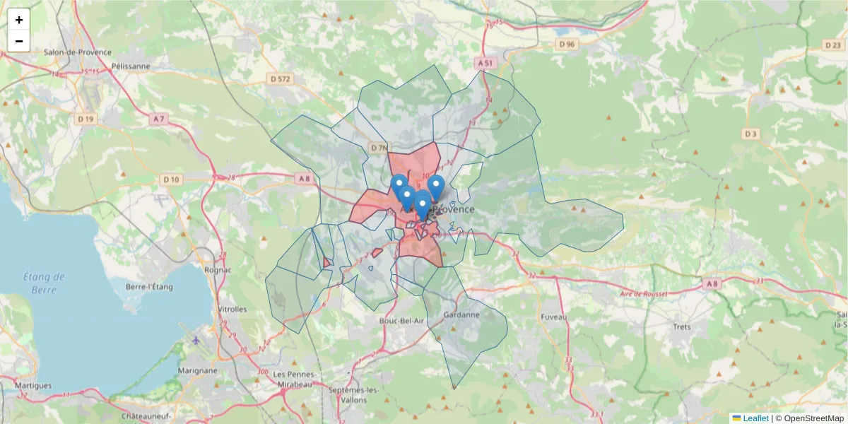Carte de la zone du code postal  et des codes postaux voisins en France