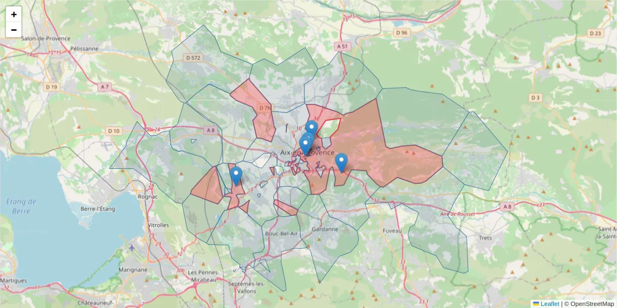 Carte de la zone du code postal  et des codes postaux voisins en France