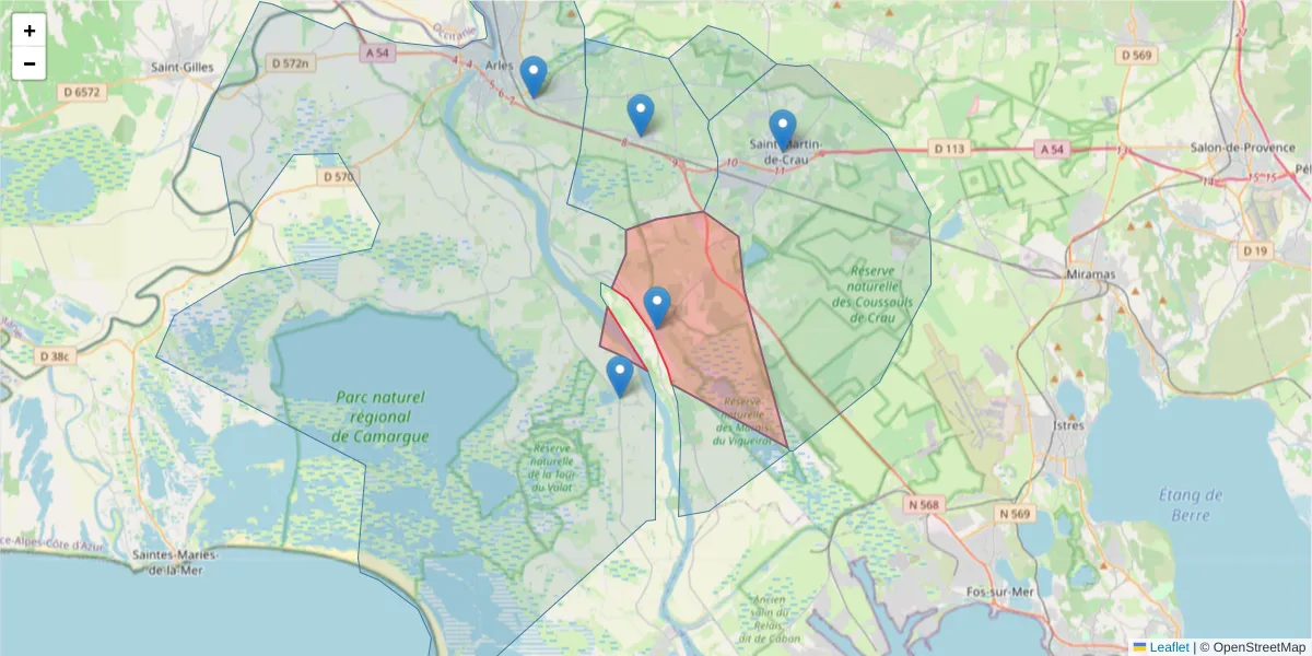 Carte de la zone du code postal  et des codes postaux voisins en France