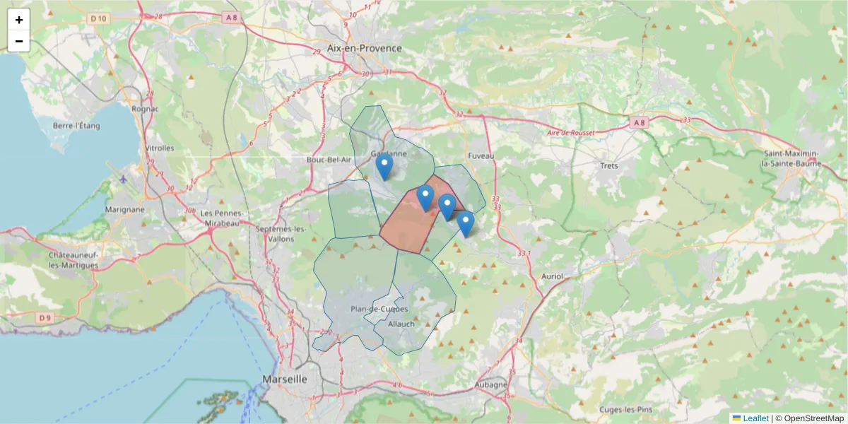 Carte de la zone du code postal  et des codes postaux voisins en France
