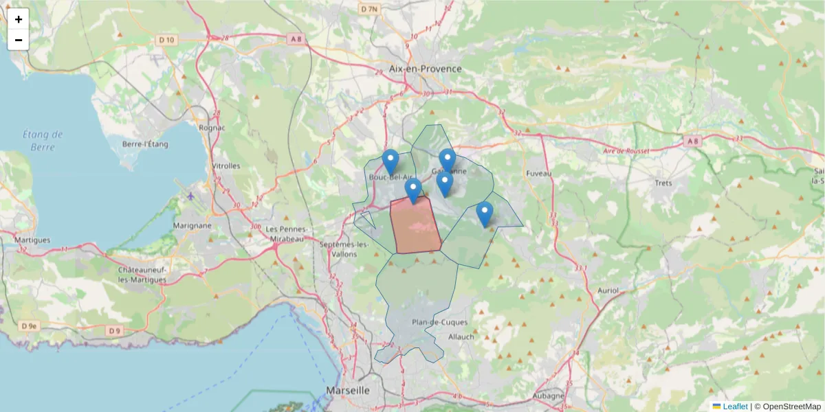Carte de la zone du code postal  et des codes postaux voisins en France