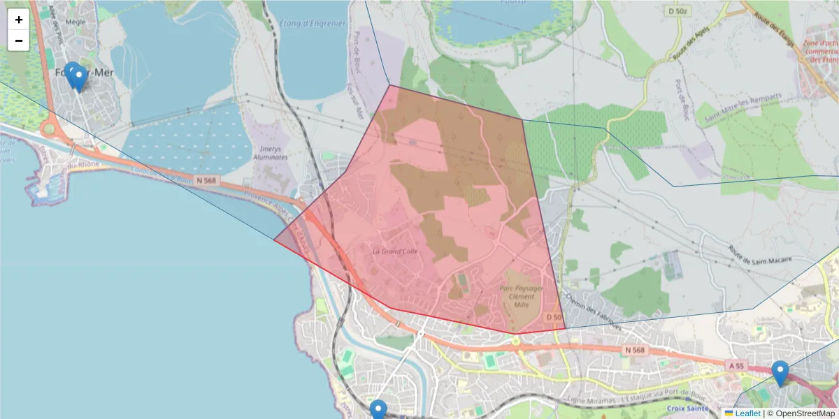 Carte de la zone du code postal  et des codes postaux voisins en France