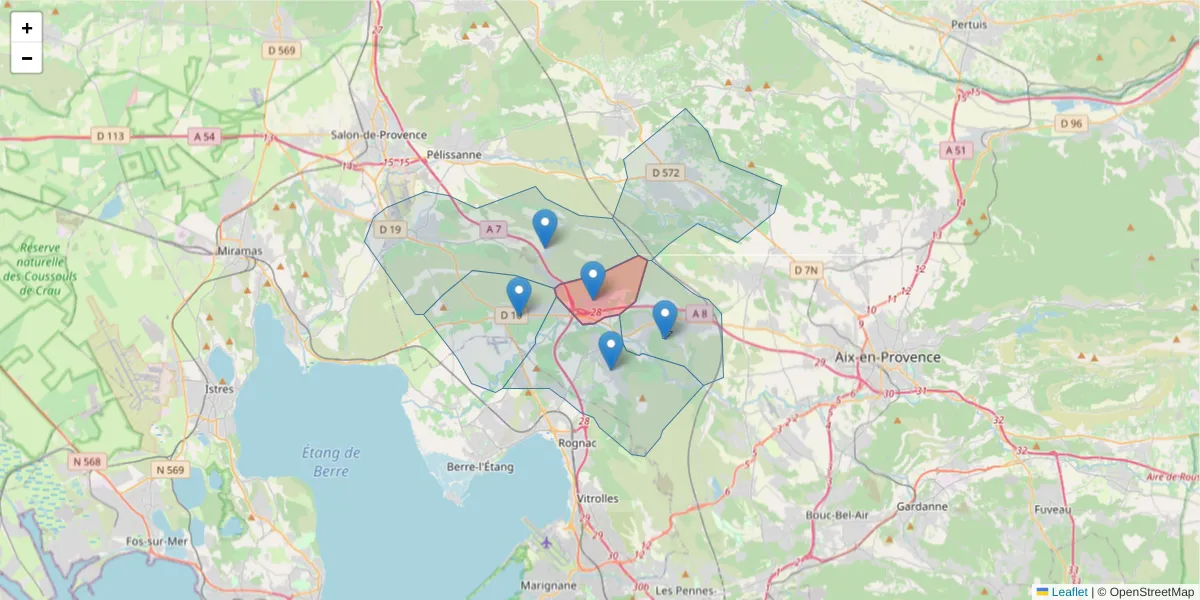 Carte de la zone du code postal  et des codes postaux voisins en France