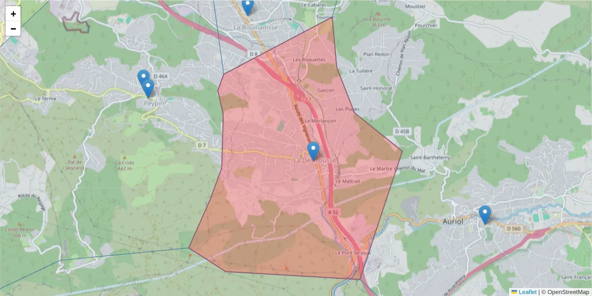 Carte de la zone du code postal  et des codes postaux voisins en France