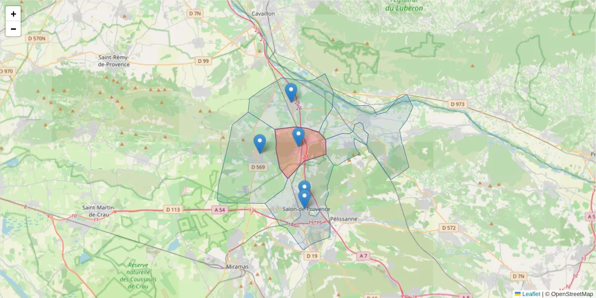 Carte de la zone du code postal  et des codes postaux voisins en France