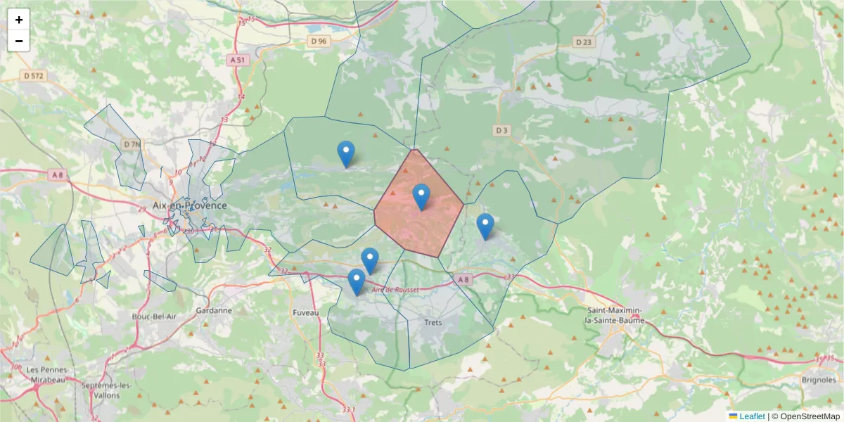 Carte de la zone du code postal  et des codes postaux voisins en France