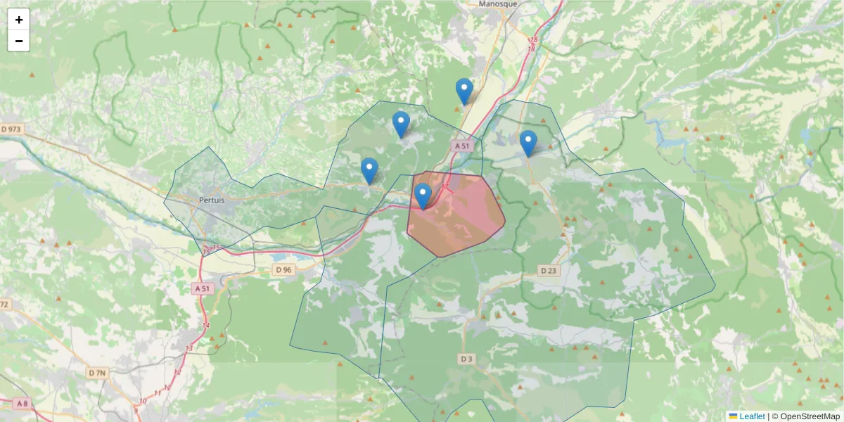 Carte de la zone du code postal  et des codes postaux voisins en France