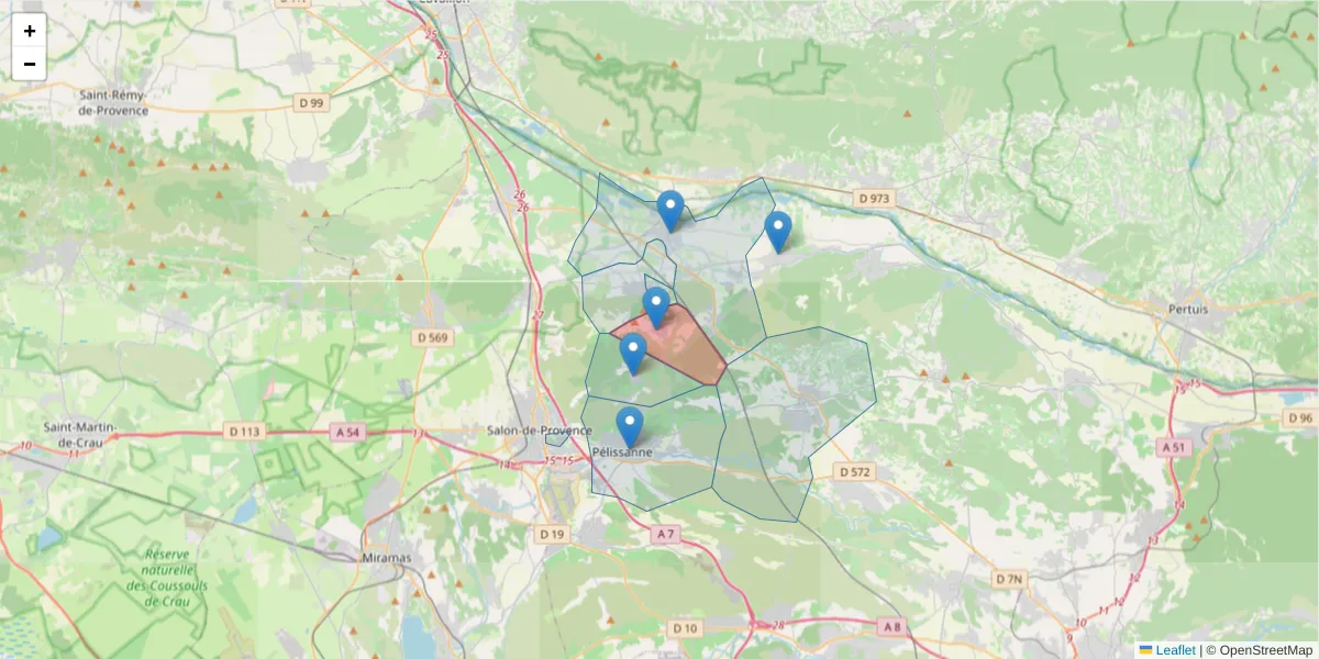 Carte de la zone du code postal  et des codes postaux voisins en France