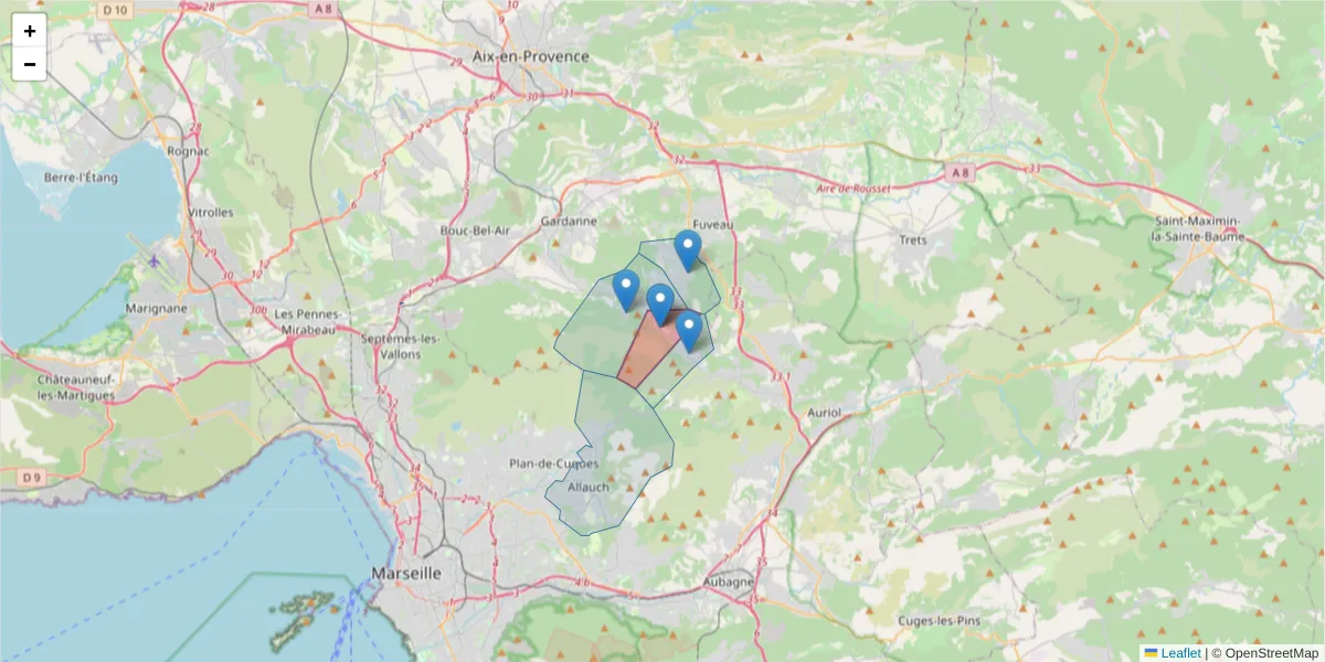 Carte de la zone du code postal  et des codes postaux voisins en France