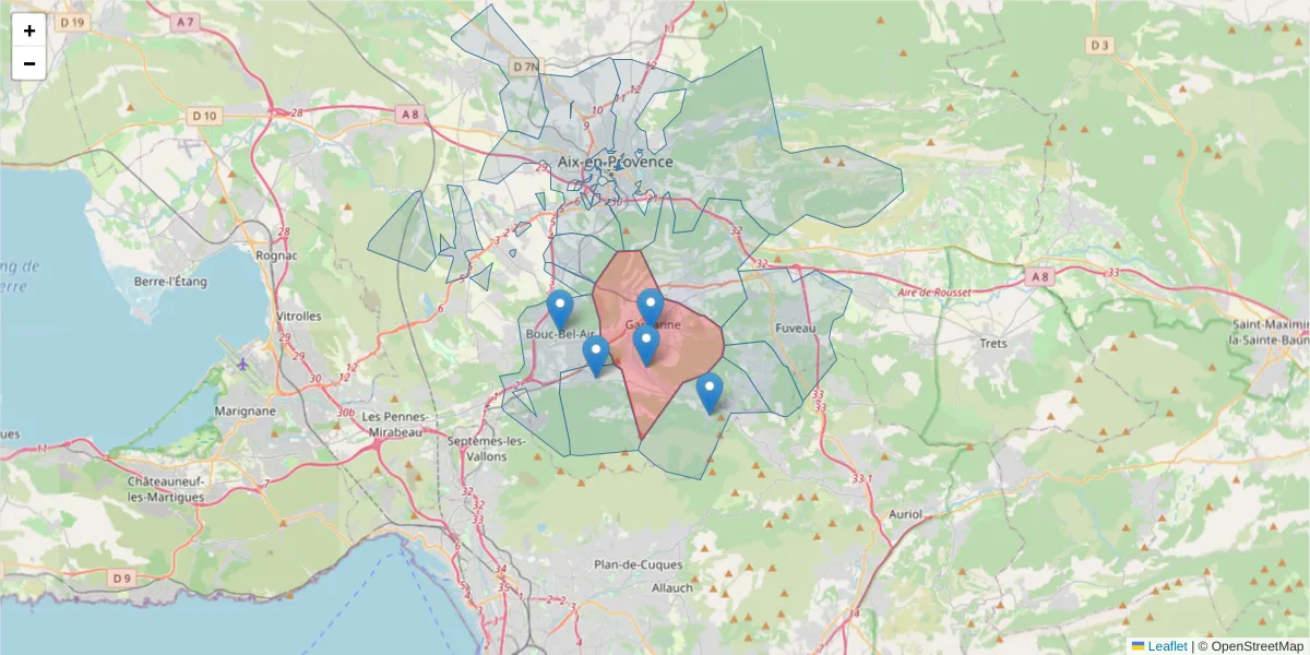 Carte de la zone du code postal  et des codes postaux voisins en France