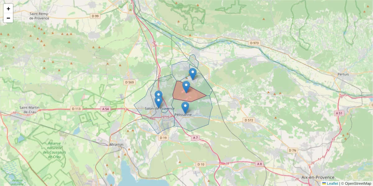 Carte de la zone du code postal  et des codes postaux voisins en France