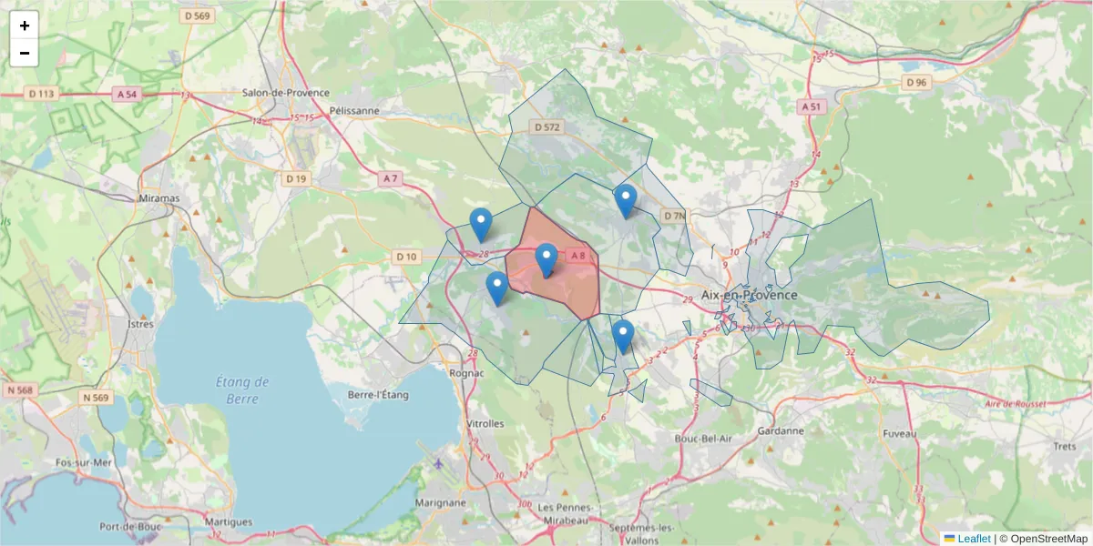 Carte de la zone du code postal  et des codes postaux voisins en France
