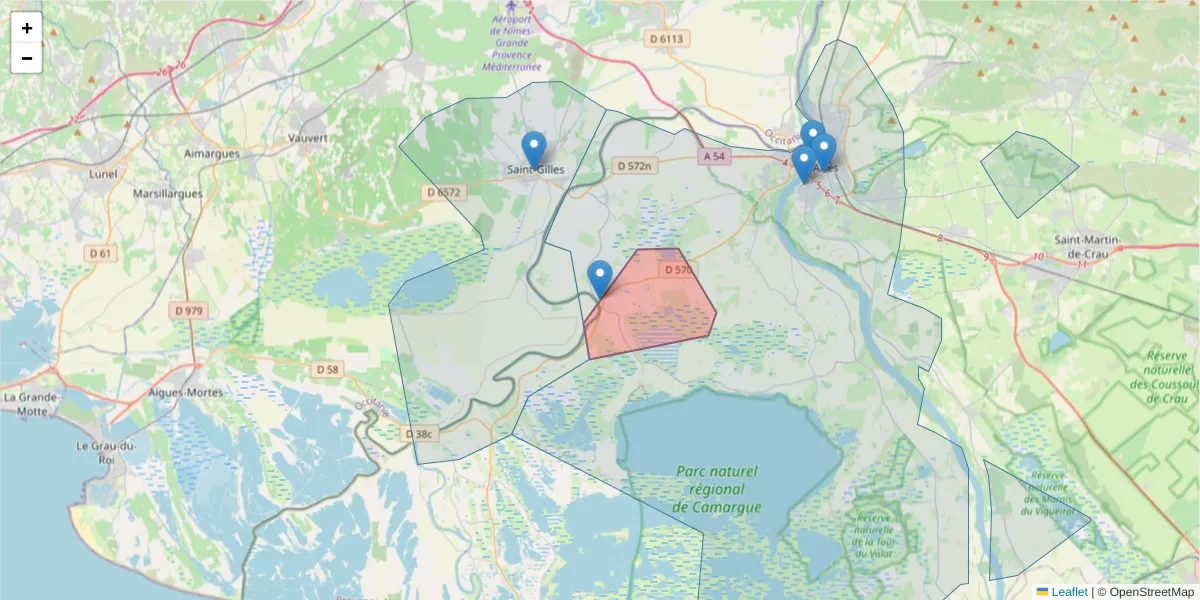 Carte de la zone du code postal  et des codes postaux voisins en France