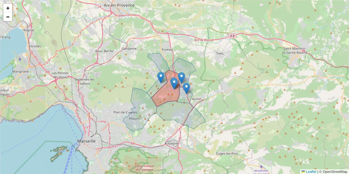 Carte de la zone du code postal  et des codes postaux voisins en France