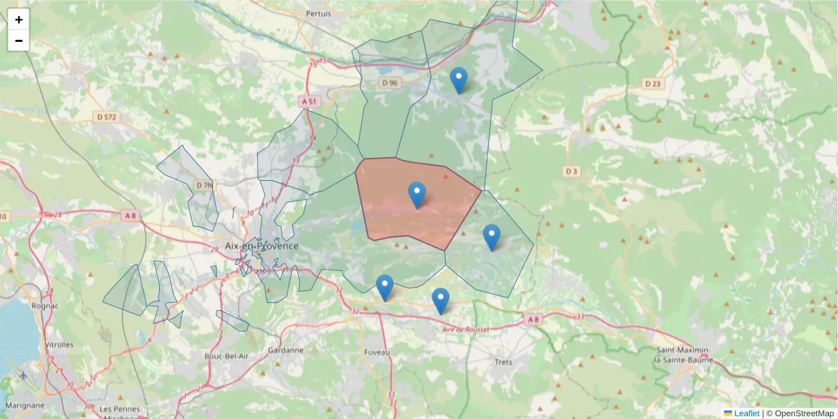 Carte de la zone du code postal  et des codes postaux voisins en France