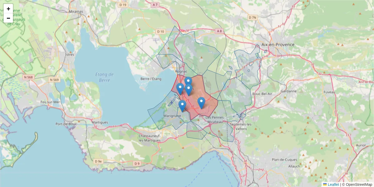 Carte de la zone du code postal  et des codes postaux voisins en France