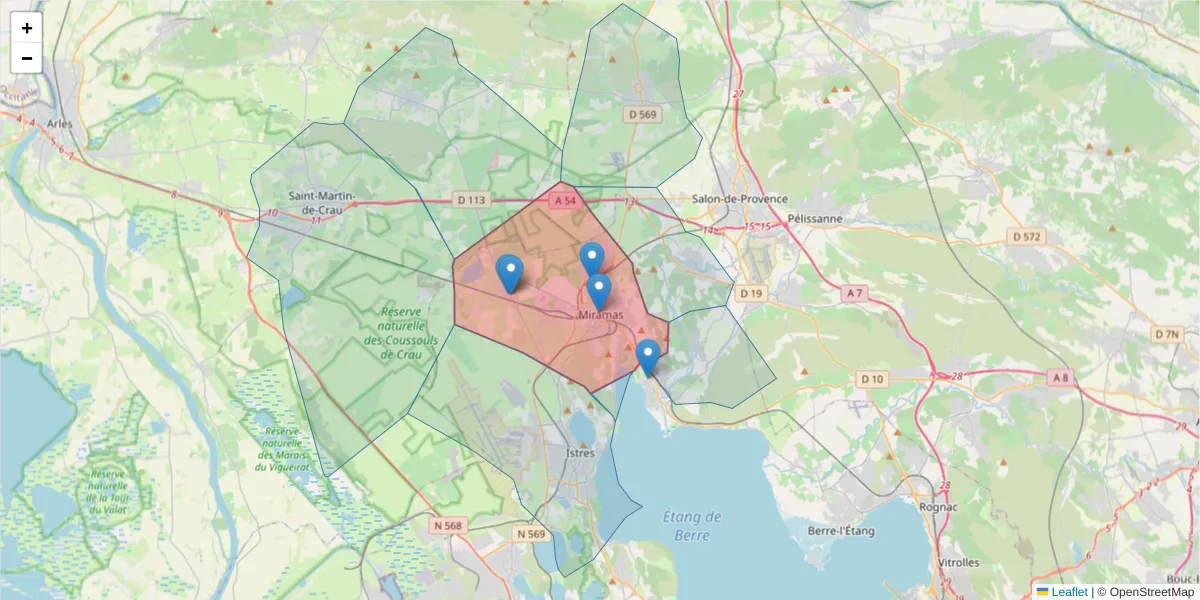 Carte de la zone du code postal  et des codes postaux voisins en France