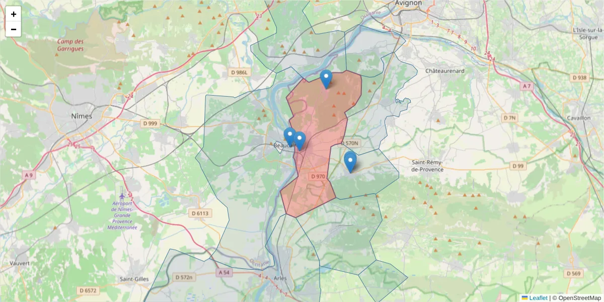 Carte de la zone du code postal  et des codes postaux voisins en France