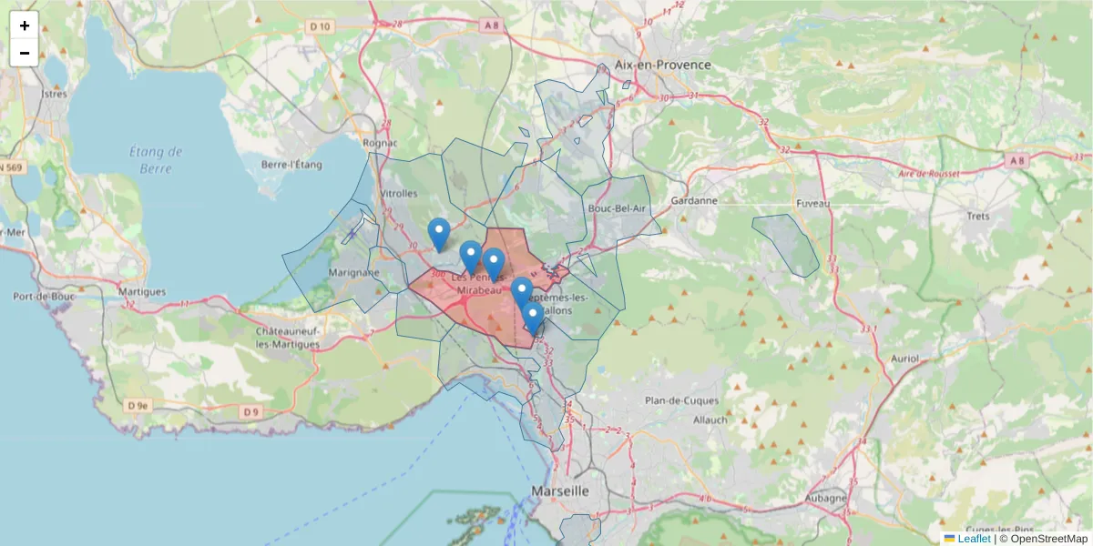 Carte de la zone du code postal  et des codes postaux voisins en France