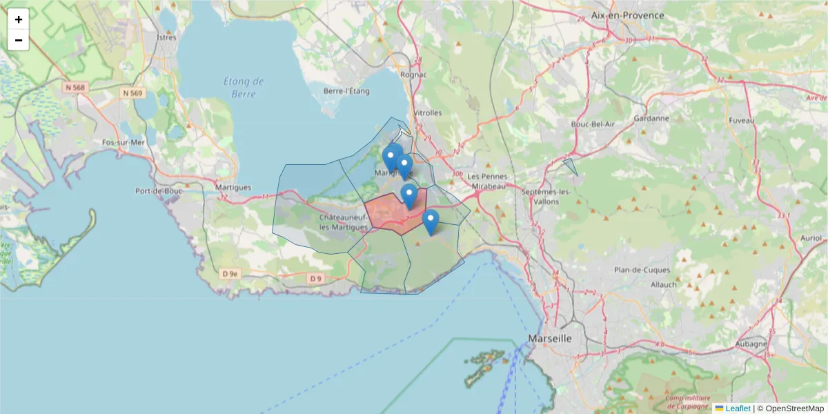 Carte de la zone du code postal  et des codes postaux voisins en France