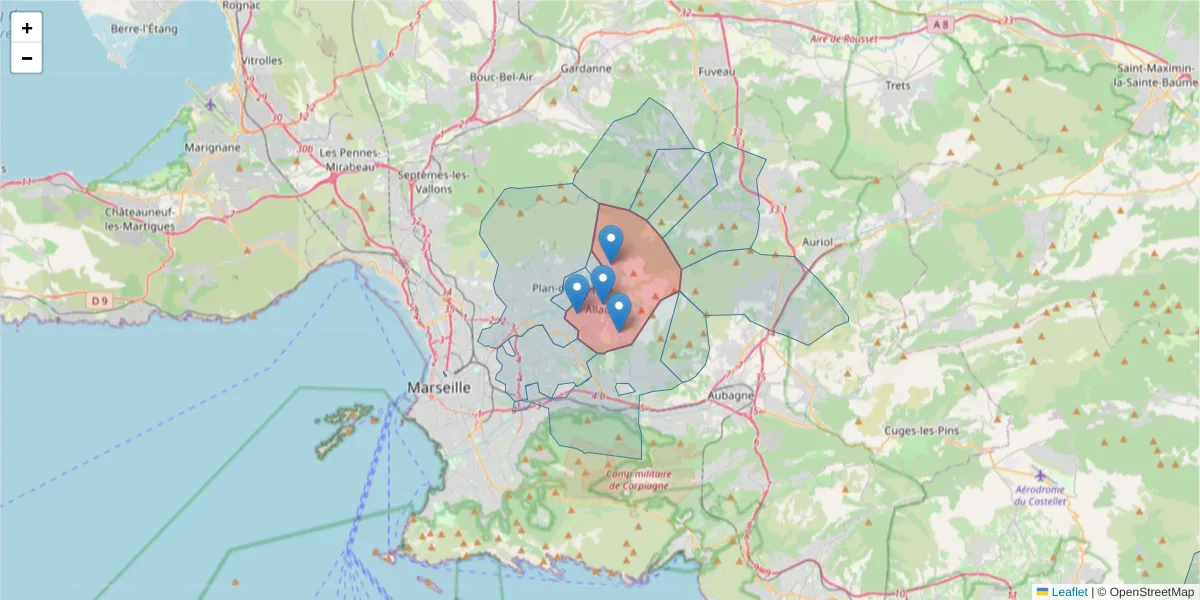 Carte de la zone du code postal  et des codes postaux voisins en France