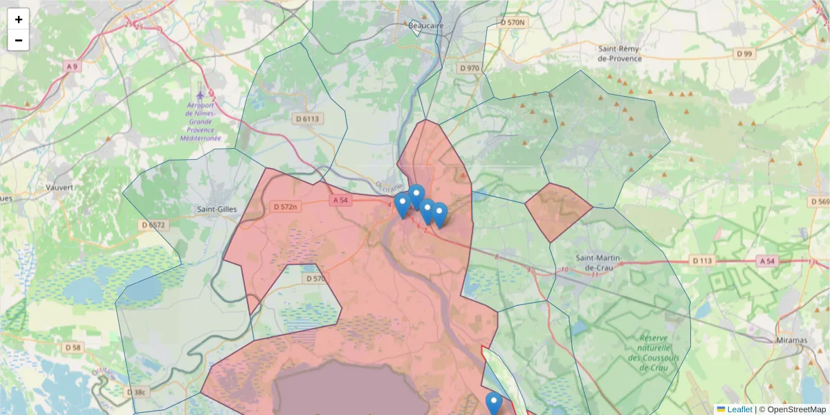 Carte de la zone du code postal  et des codes postaux voisins en France