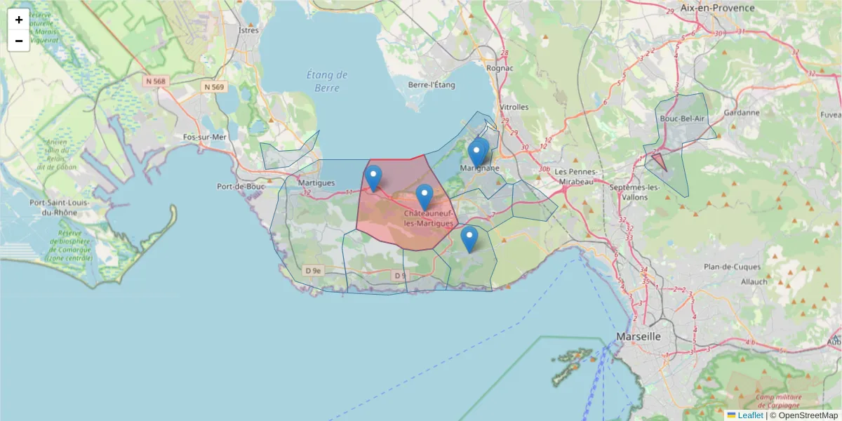 Carte de la zone du code postal  et des codes postaux voisins en France