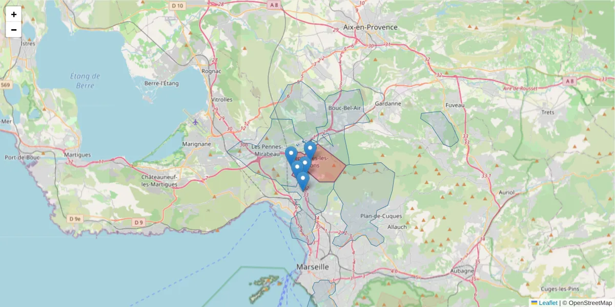 Carte de la zone du code postal  et des codes postaux voisins en France