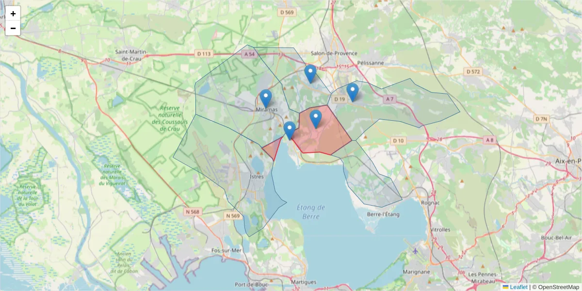 Carte de la zone du code postal  et des codes postaux voisins en France