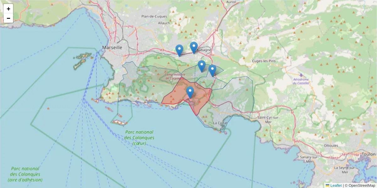 Carte de la zone du code postal  et des codes postaux voisins en France