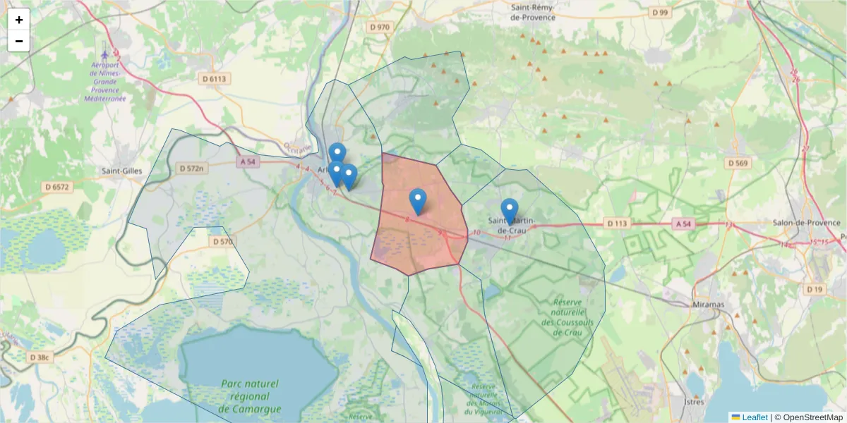 Carte de la zone du code postal  et des codes postaux voisins en France