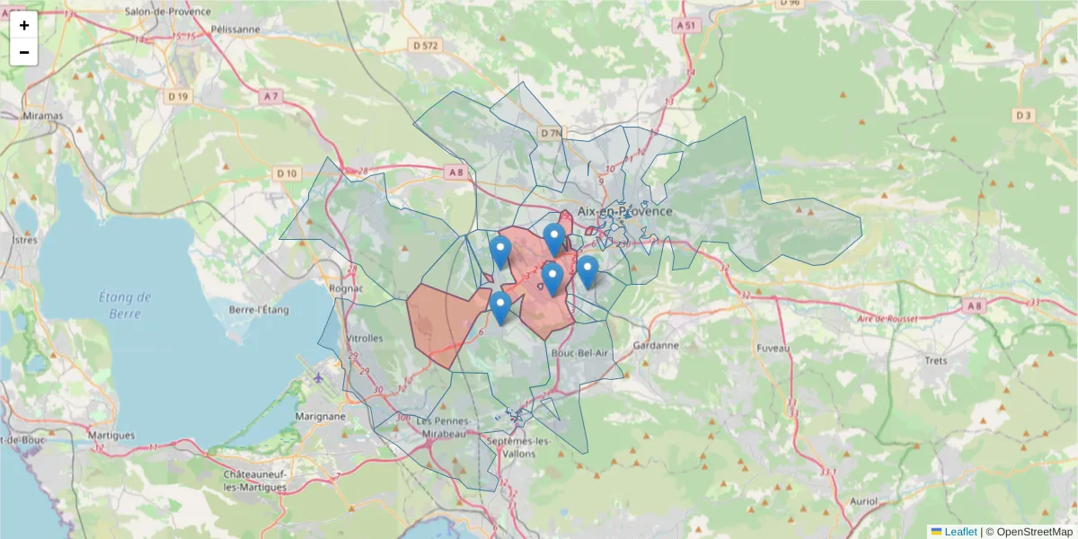 Carte de la zone du code postal  et des codes postaux voisins en France