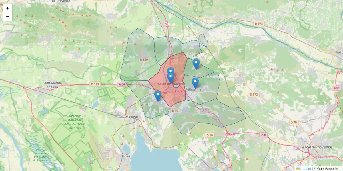 Carte de la zone du code postal  et des codes postaux voisins en France
