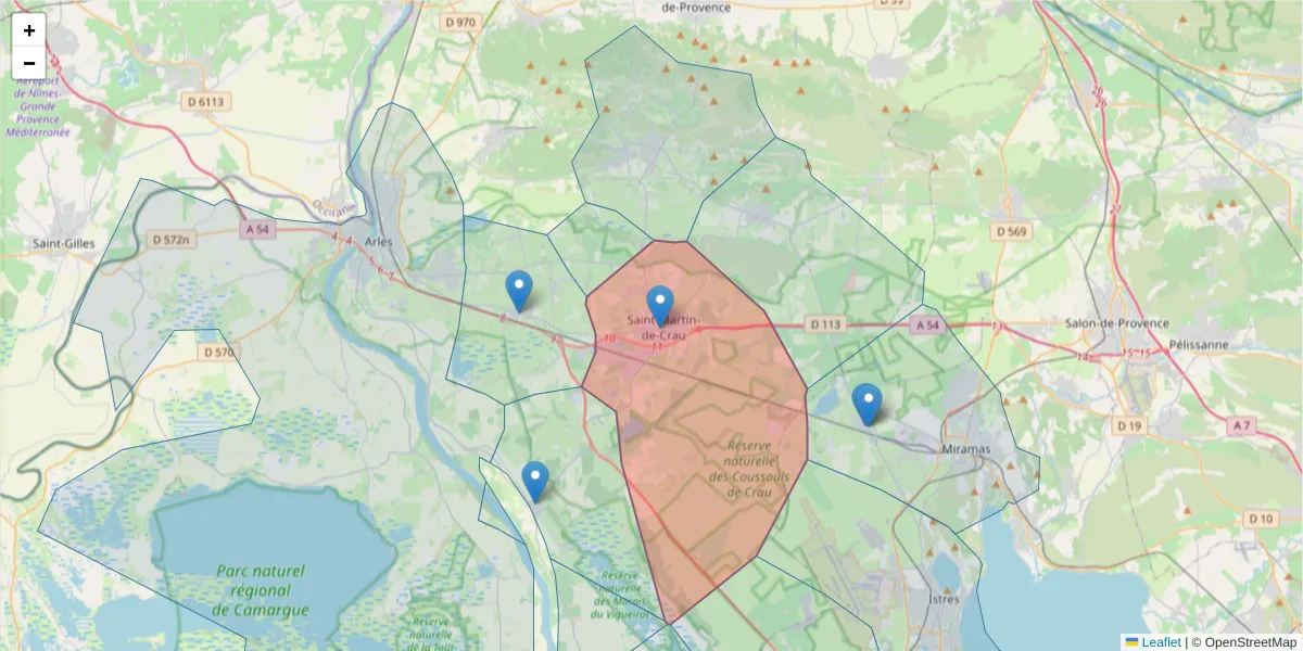 Carte de la zone du code postal  et des codes postaux voisins en France