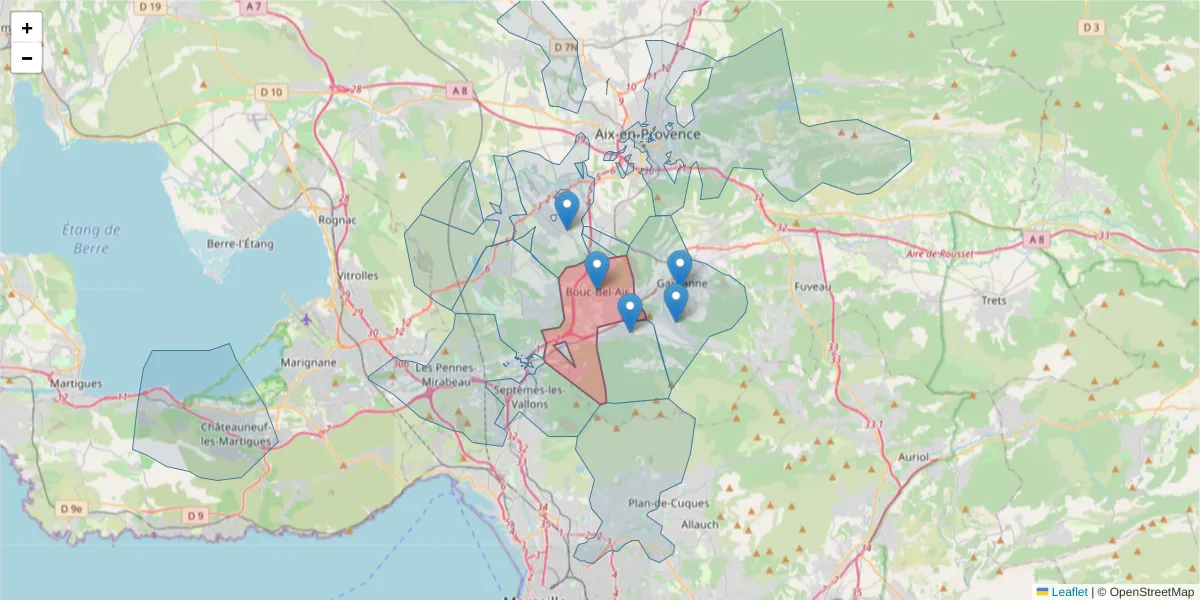 Carte de la zone du code postal  et des codes postaux voisins en France