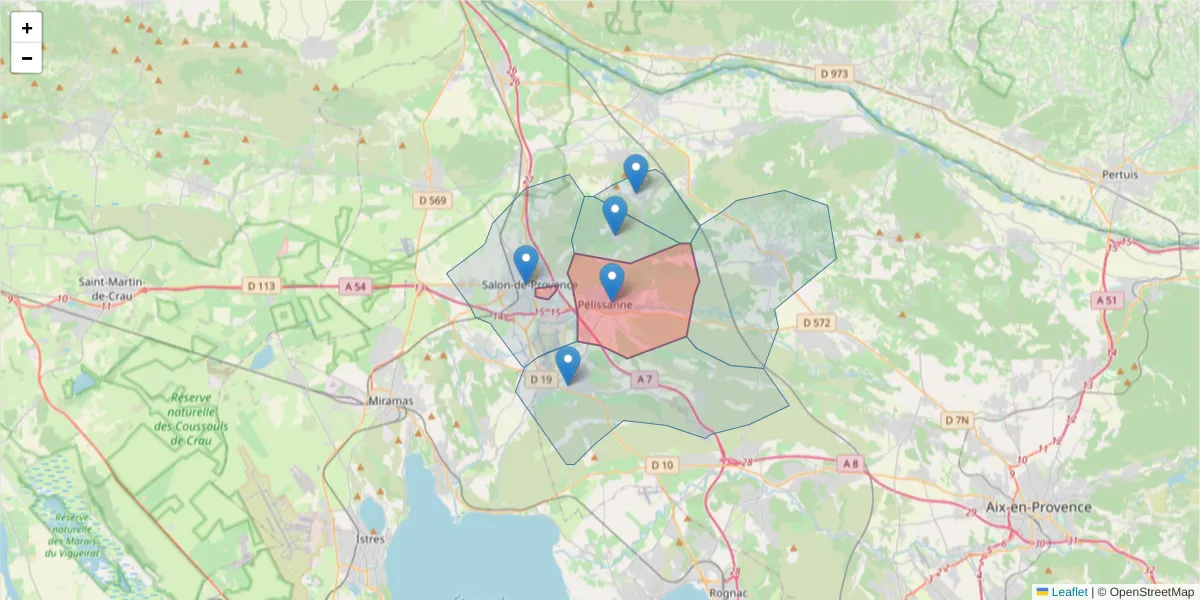 Carte de la zone du code postal  et des codes postaux voisins en France