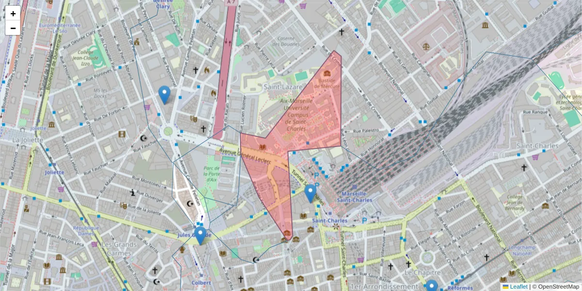 Carte de la zone du code postal  et des codes postaux voisins en France