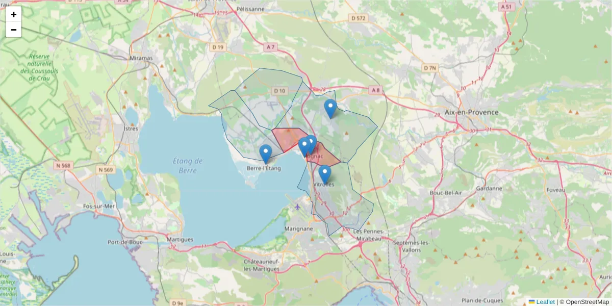 Carte de la zone du code postal  et des codes postaux voisins en France