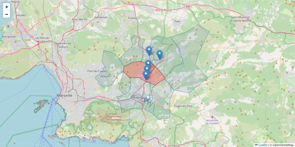 Carte de la zone du code postal  et des codes postaux voisins en France