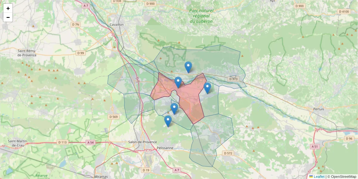 Carte de la zone du code postal  et des codes postaux voisins en France