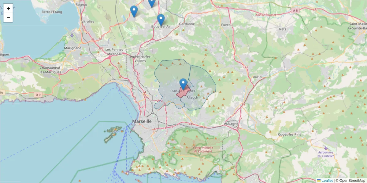 Carte de la zone du code postal  et des codes postaux voisins en France