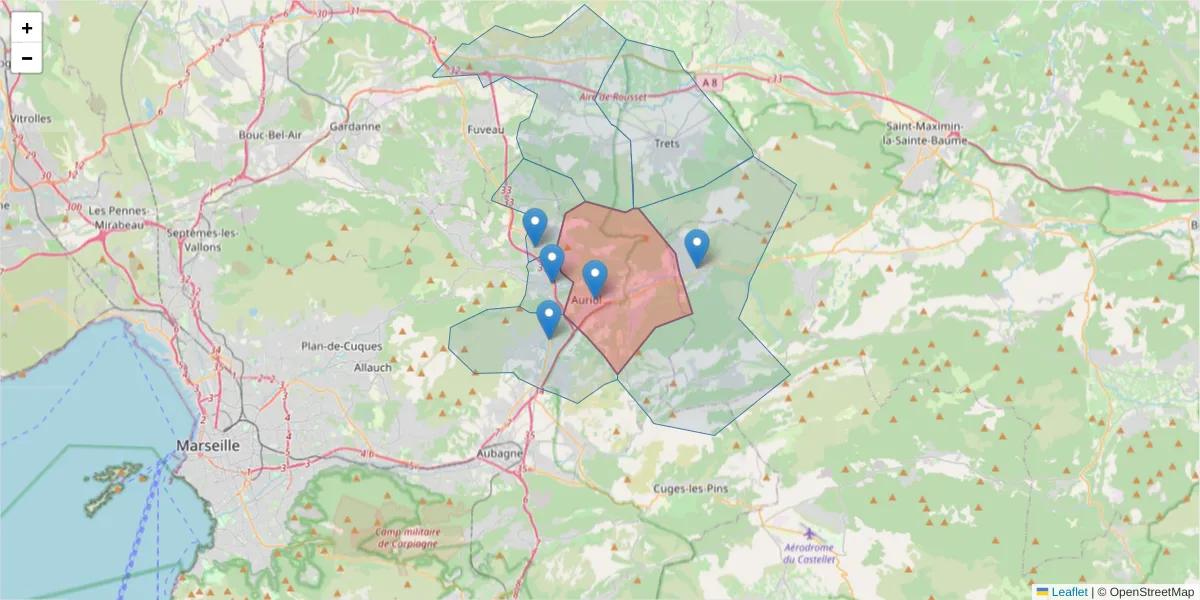 Carte de la zone du code postal  et des codes postaux voisins en France