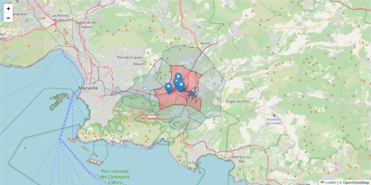 Carte de la zone du code postal  et des codes postaux voisins en France
