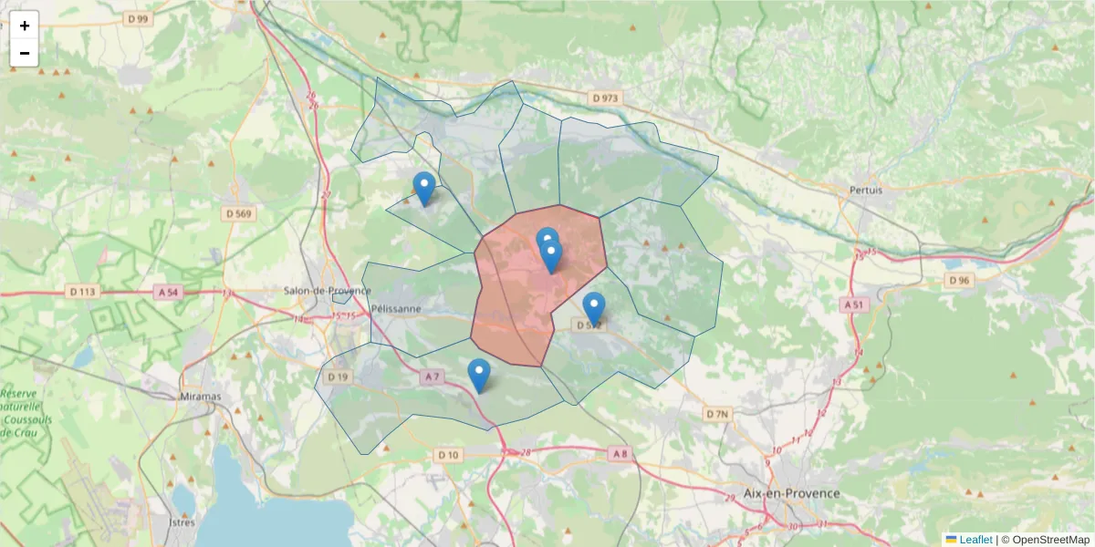 Carte de la zone du code postal  et des codes postaux voisins en France