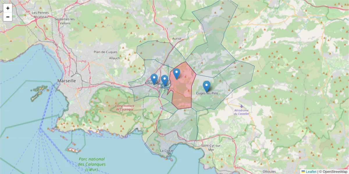 Carte de la zone du code postal  et des codes postaux voisins en France