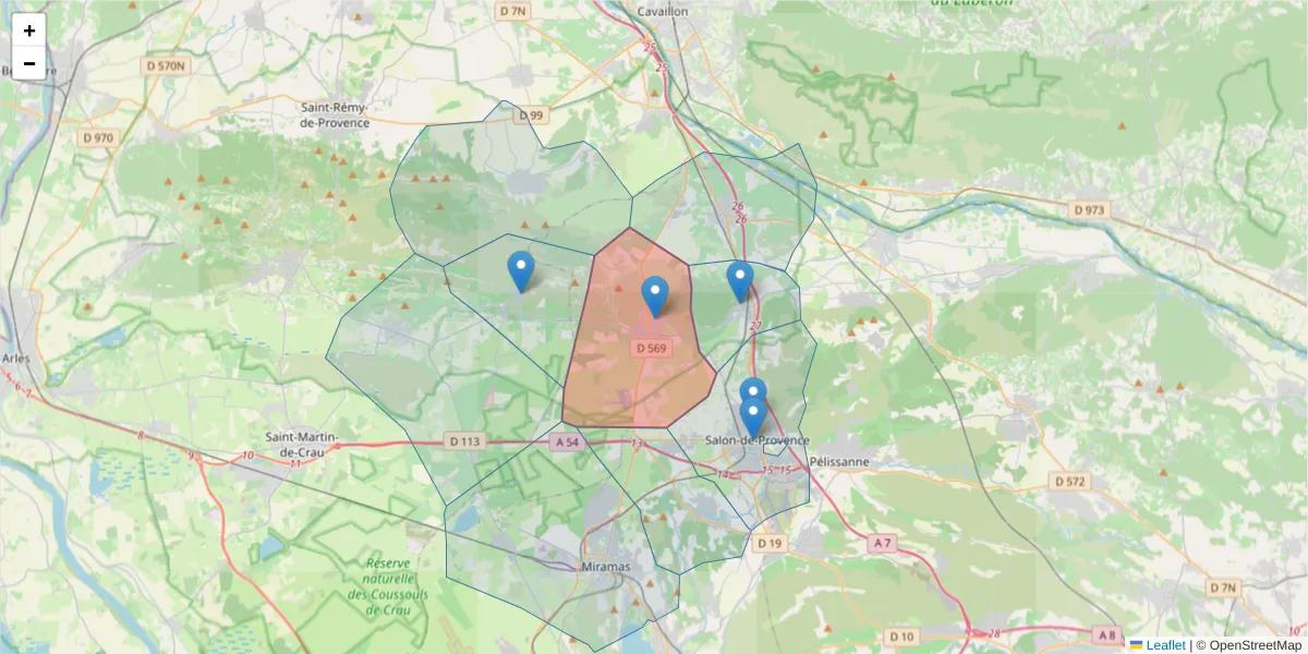 Carte de la zone du code postal  et des codes postaux voisins en France