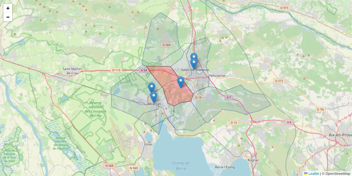 Carte de la zone du code postal  et des codes postaux voisins en France
