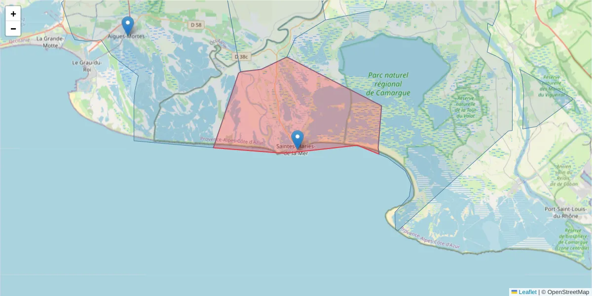 Carte de la zone du code postal  et des codes postaux voisins en France
