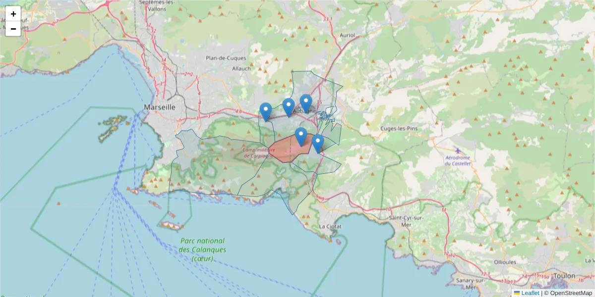 Carte de la zone du code postal  et des codes postaux voisins en France