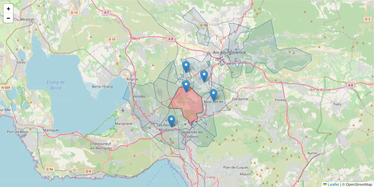Carte de la zone du code postal  et des codes postaux voisins en France